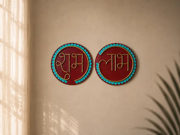 Handcrafted_Shubh_Labh_Calligraphy_Lippan_Art_Wall_Hanging_Set_8_Inch_Mdf_Base_Each_Festive_Red_Gold_Mud_Mirror_Work
