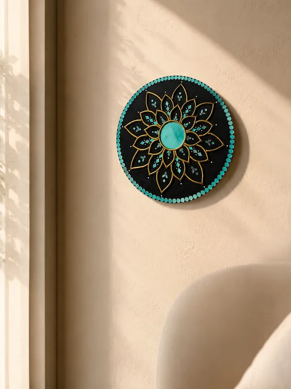 Handcrafted_Black_Gold_Lotus_Mandala_Lippan_Art_Wall_Mirror_12_Inch_Mdf_Base_Premium_Turquoise_Mud_Mirror_Work