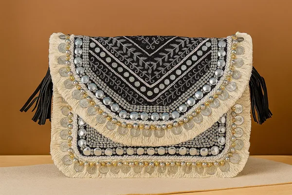Handcrafted_Boho_Beaded_Clutch_&_Sling_Bag_-_Tribal_Coins,_Shells_&_Evil_Eye_Design-Black