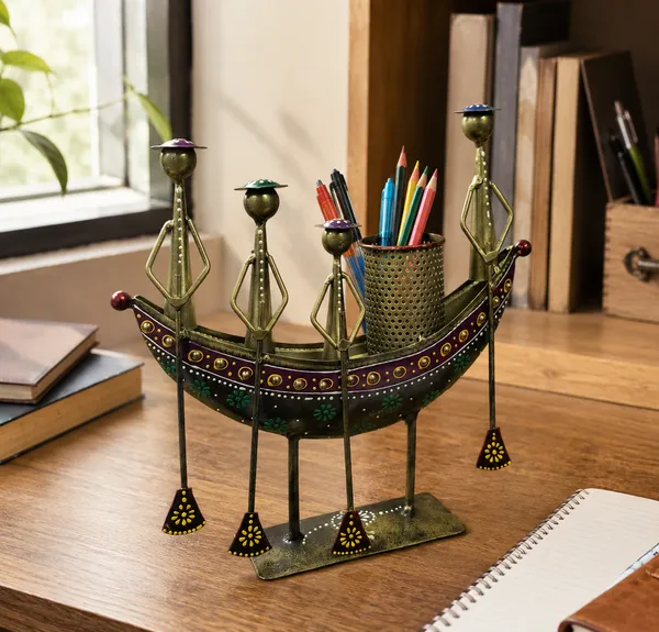 Handcrafted_Metal_Boat_Desk_Organizer_With_Tribal_Rowers_Pen_Brush_Holder_Ethnic_Tabletop_Art_For_Office_Or_Home_Decor