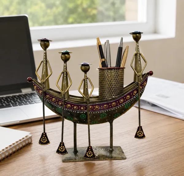 Handcrafted_Metal_Boat_Desk_Organizer_With_Tribal_Rowers_Pen_Brush_Holder_Ethnic_Tabletop_Art_For_Office_Or_Home_Decor