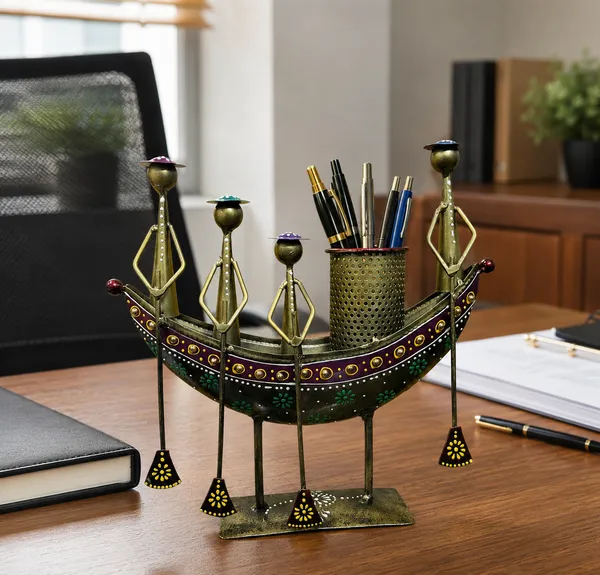 Handcrafted_Metal_Boat_Desk_Organizer_With_Tribal_Rowers_Pen_Brush_Holder_Ethnic_Tabletop_Art_For_Office_Or_Home_Decor