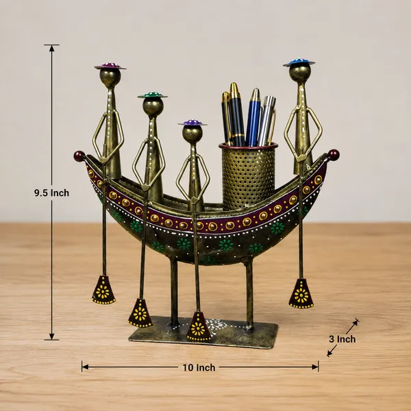 Handcrafted_Metal_Boat_Desk_Organizer_With_Tribal_Rowers_Pen_Brush_Holder_Ethnic_Tabletop_Art_For_Office_Or_Home_Decor