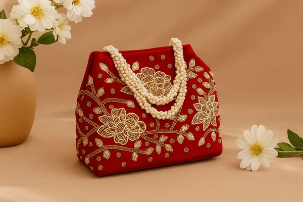 Handcrafted_Velvet_Mini_Tote_with_Pearl_Handle_-_'Royal_Garden'_Floral_Zari_Handbag-Red
