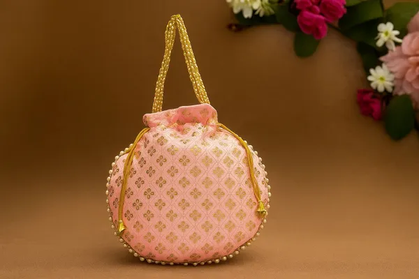 Handcrafted_Silk-Blend_Potli_Bag_with_Golden_Zari_Motifs_&_Pearl_Handle-Light_Pink
