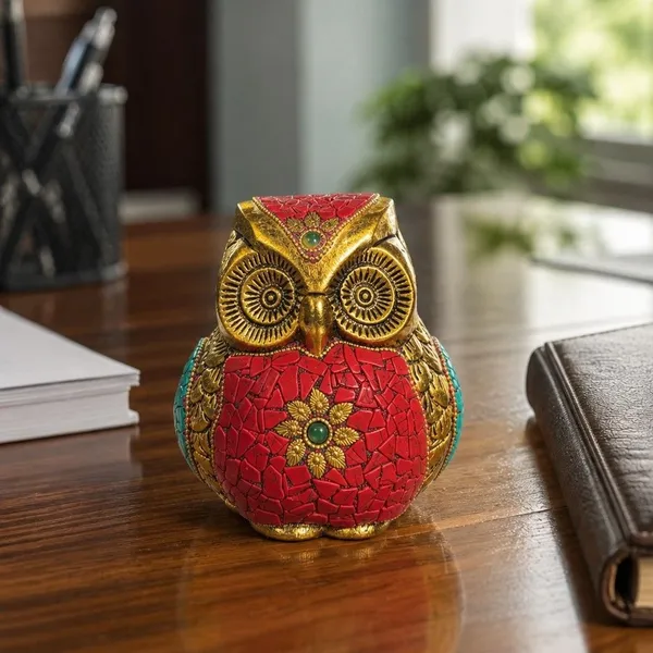 Golden_Owl_Figurine_with_Turquoise_&_Coral_Stone_Inlay_Work_�_Decorative_Metal_Owl_Paperweight_for_Office_Desk_&_Home_Decor