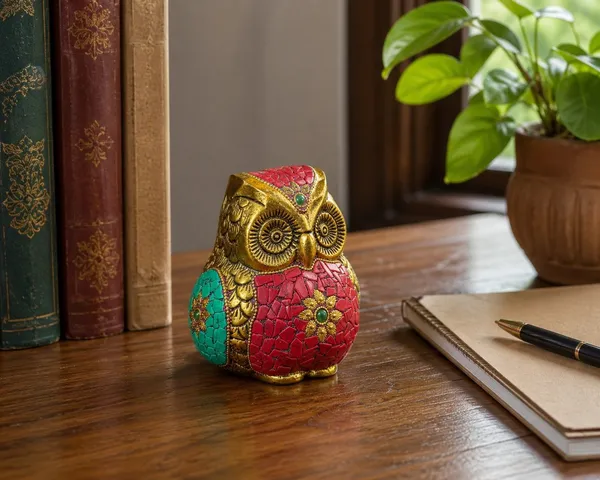 Golden_Owl_Figurine_with_Turquoise_&_Coral_Stone_Inlay_Work_�_Decorative_Metal_Owl_Paperweight_for_Office_Desk_&_Home_Decor