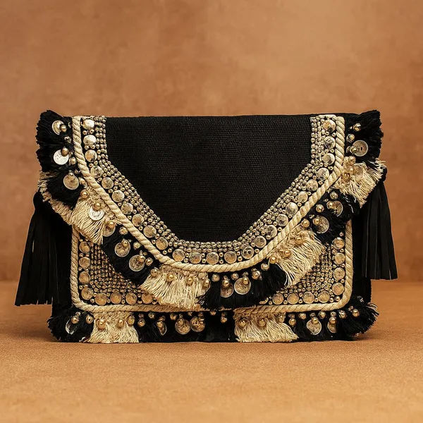 Handcrafted_Boho_Beaded_Clutch_&_Sling_Bag_-_Tribal_Coins,_Shells_&_Evil_Eye_Design-Black