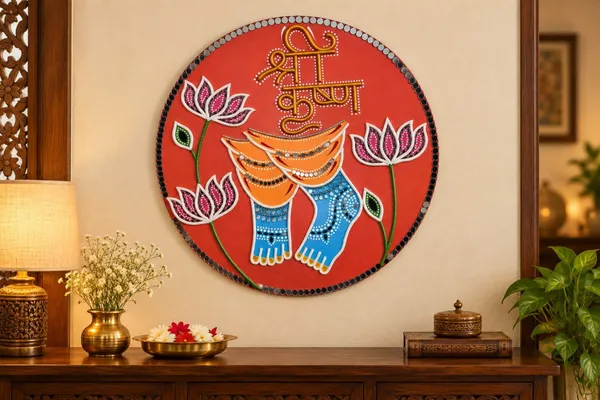 Handcrafted_Lippan_Art_Wall_Hanging_–_Shree_Krishna_with_Lotus_Flowers,_Mirror_Work