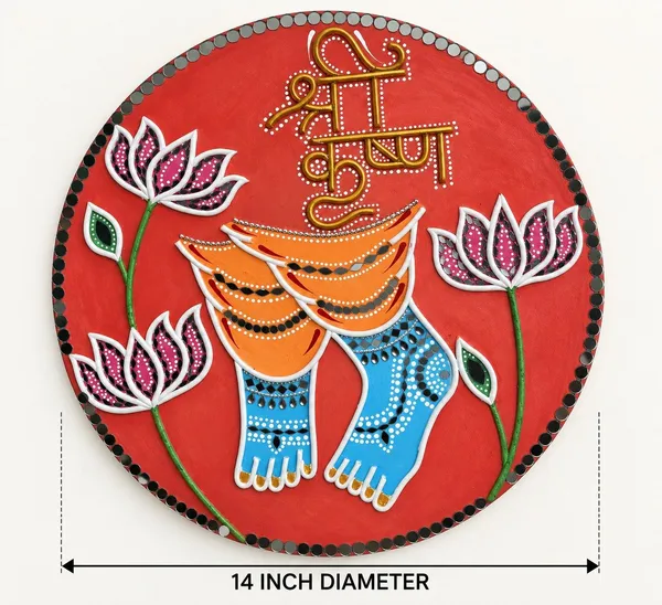 Handcrafted_Lippan_Art_Wall_Hanging_–_Shree_Krishna_with_Lotus_Flowers,_Mirror_Work