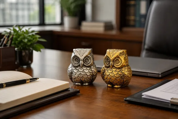 Golden_&_Silver_Owl_Figurine_Set_–_Decorative_Metal_Owl_Paperweights_for_Office_Desk,_Home_Decor_&_Good_Luck