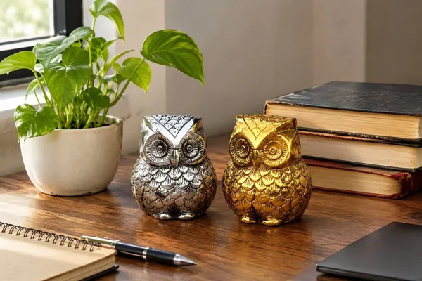 Golden_&_Silver_Owl_Figurine_Set_–_Decorative_Metal_Owl_Paperweights_for_Office_Desk,_Home_Decor_&_Good_Luck