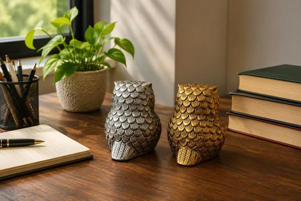 Golden_&_Silver_Owl_Figurine_Set_–_Decorative_Metal_Owl_Paperweights_for_Office_Desk,_Home_Decor_&_Good_Luck