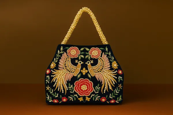 Handcrafted_Velvet_Mini_Tote_with_Pearl_Handle_-_'Twin_Peacocks'_Embroidered_Handbag-Navy_Blue