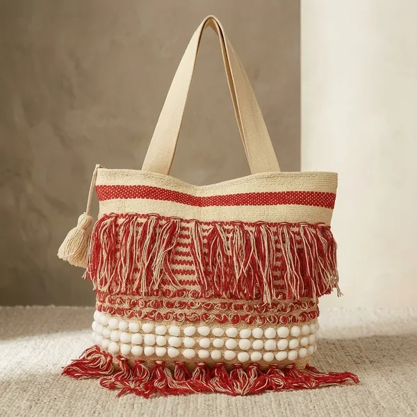 Handcrafted_Multi-Textured_Boho_Tote_-_Woven_Shoulder_Bag_with_Fringes_&_Popcorn_Details-Red