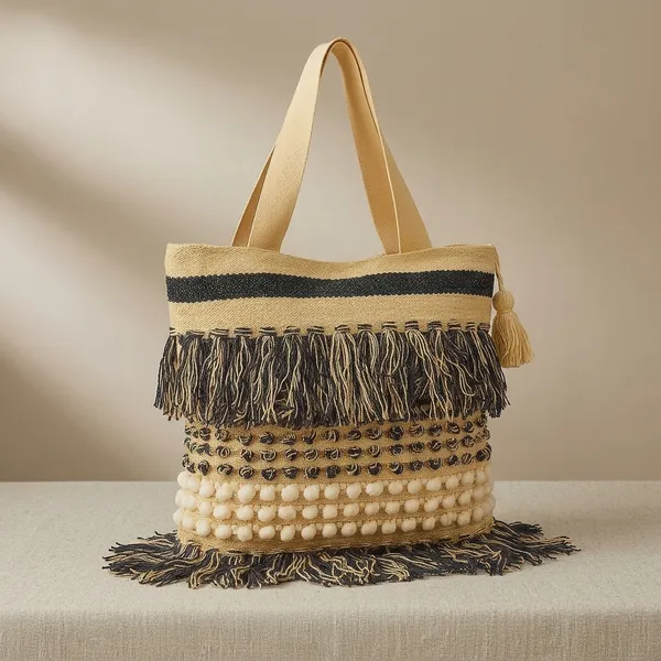 Handcrafted_Multi-Textured_Boho_Tote_-_Woven_Shoulder_Bag_with_Fringes_&_Popcorn_Details-Black