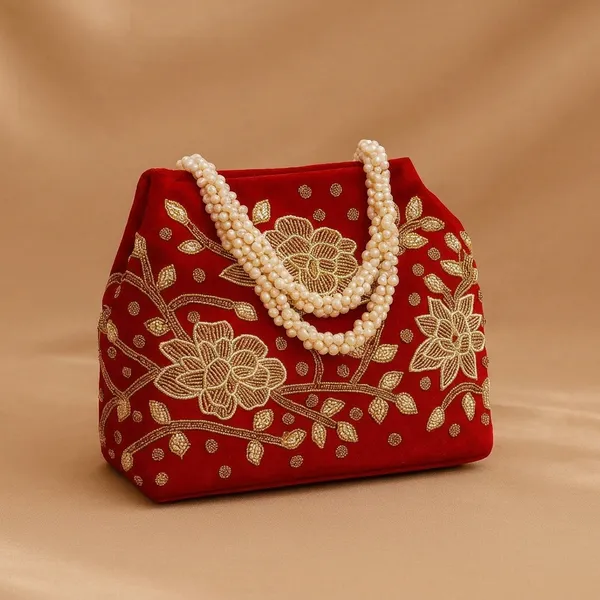 Handcrafted_Velvet_Mini_Tote_with_Pearl_Handle_-_'Royal_Garden'_Floral_Zari_Handbag-Red