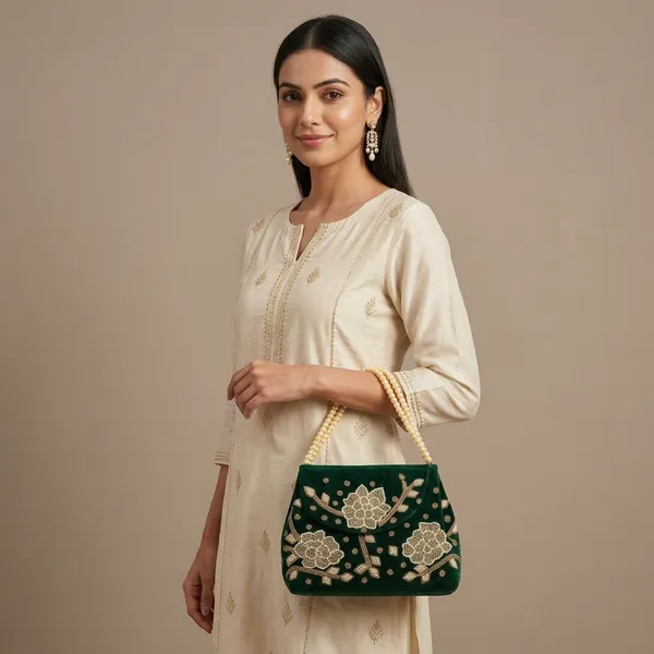 Handcrafted_Velvet_Mini_Tote_with_Pearl_Handle_-_'Royal_Garden'_Floral_Zari_Handbag-Green