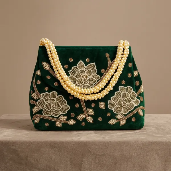 Handcrafted_Velvet_Mini_Tote_with_Pearl_Handle_-_'Royal_Garden'_Floral_Zari_Handbag-Green