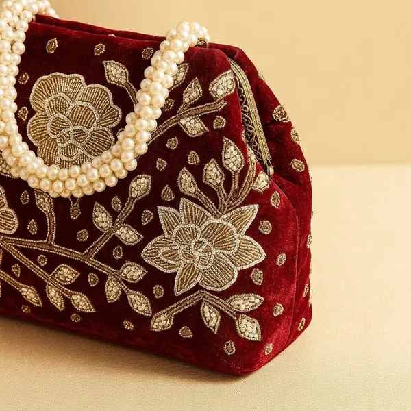 Handcrafted_Velvet_Mini_Tote_with_Pearl_Handle_-_'Royal_Garden'_Floral_Zari_Handbag-Maroon