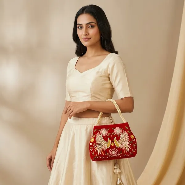 Handcrafted_Velvet_Mini_Tote_with_Pearl_Handle_-_'Twin_Peacocks'_Embroidered_Handbag-Red