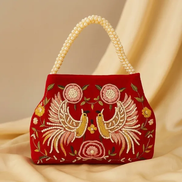 Handcrafted_Velvet_Mini_Tote_with_Pearl_Handle_-_'Twin_Peacocks'_Embroidered_Handbag-Red