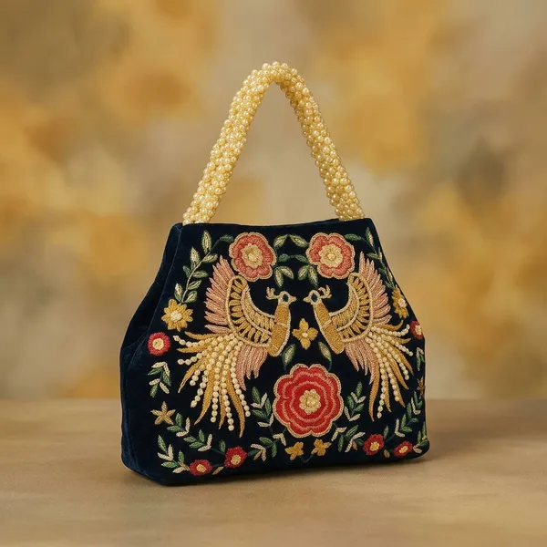 Handcrafted_Velvet_Mini_Tote_with_Pearl_Handle_-_'Twin_Peacocks'_Embroidered_Handbag-Navy_Blue