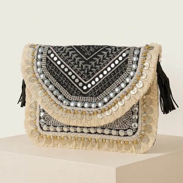 Handcrafted_Boho_Beaded_Clutch_&_Sling_Bag_-_Tribal_Coins,_Shells_&_Evil_Eye_Design-Black