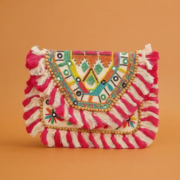 Handcrafted_Boho_Beaded_Clutch_&_Sling_Bag_-_Tribal_Coins,_Shells_&_Evil_Eye_Design-Pink