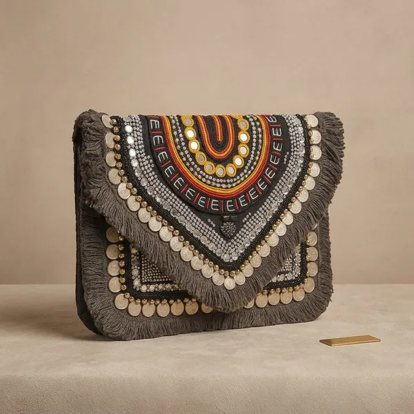 Handcrafted_Boho_Beaded_Clutch_&_Sling_Bag_-_Tribal_Coins,_Shells_&_Evil_Eye_Design-Dark_Grey