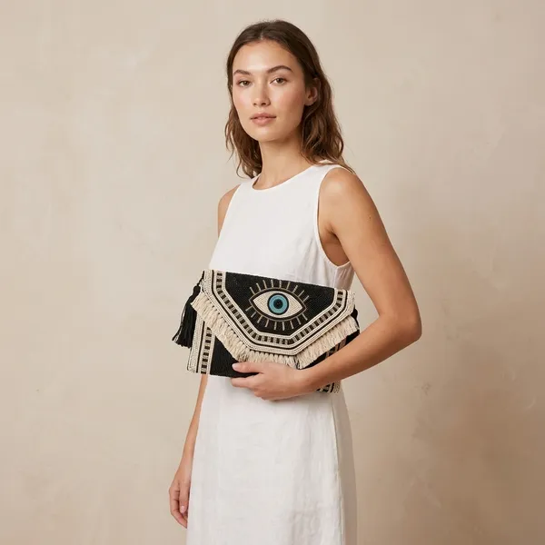 Handcrafted_Boho_Beaded_Clutch_&_Sling_Bag_-_Tribal_Coins,_Shells_&_Evil_Eye_Design-Black_And_Cream