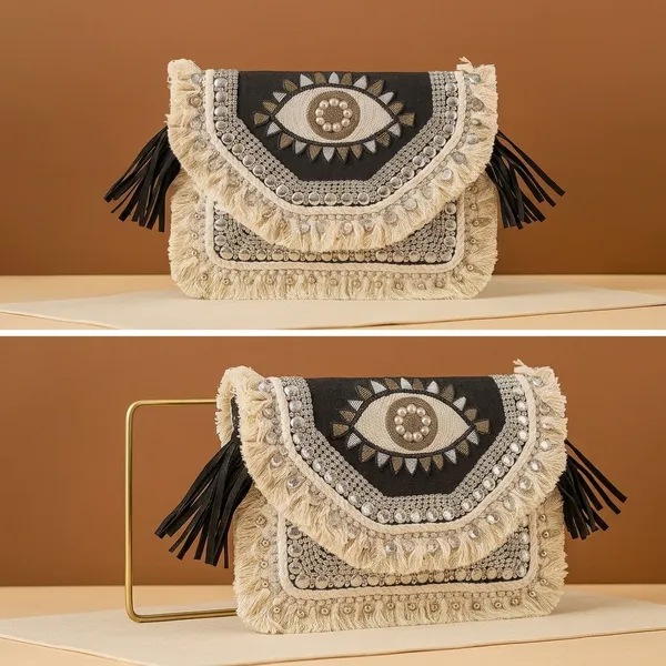 Handcrafted_Boho_Beaded_Clutch_&_Sling_Bag_-_Tribal_Coins,_Shells_&_Evil_Eye_Design-Black_And_Cream