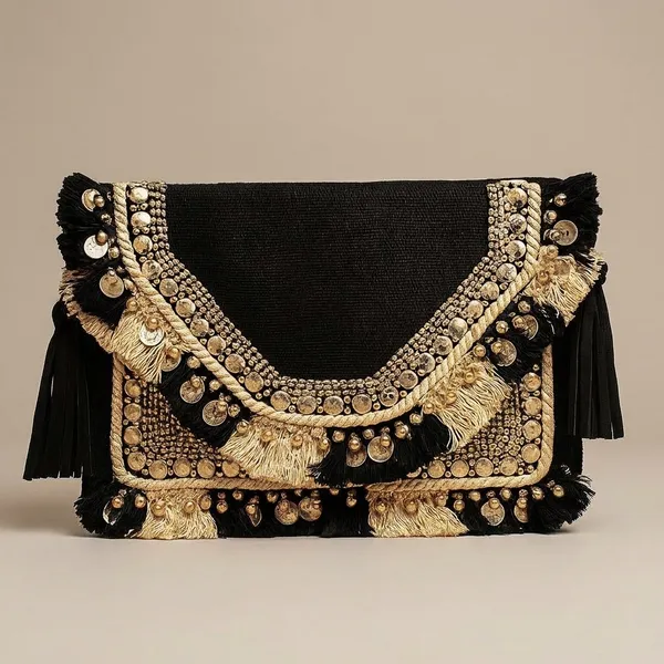 Handcrafted_Boho_Beaded_Clutch_&_Sling_Bag_-_Tribal_Coins,_Shells_&_Evil_Eye_Design-Black