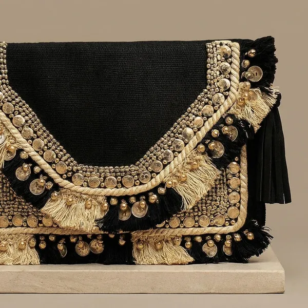 Handcrafted_Boho_Beaded_Clutch_&_Sling_Bag_-_Tribal_Coins,_Shells_&_Evil_Eye_Design-Black