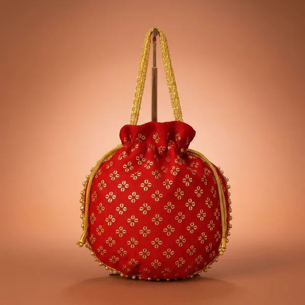 Handcrafted_Silk-Blend_Potli_Bag_with_Golden_Zari_Motifs_&_Pearl_Handle-Red