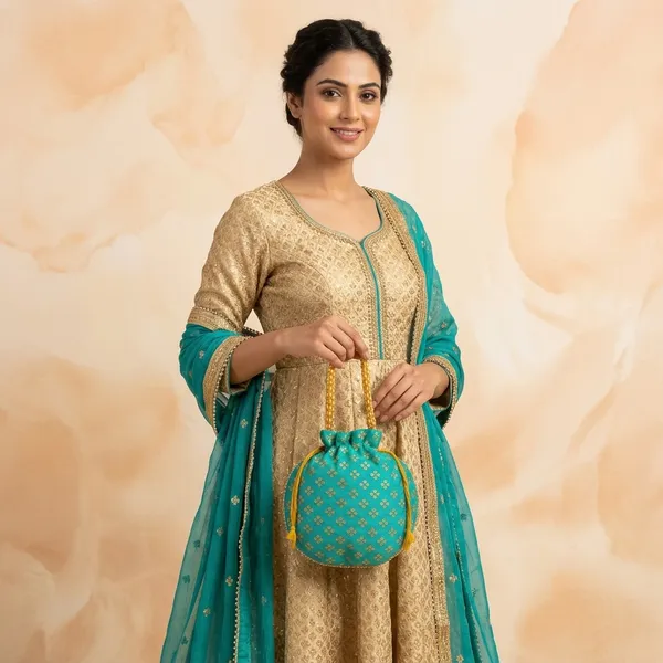 Handcrafted_Silk-Blend_Potli_Bag_with_Golden_Zari_Motifs_&_Pearl_Handle-Blue