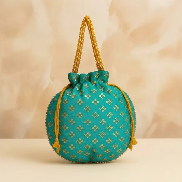 Handcrafted_Silk-Blend_Potli_Bag_with_Golden_Zari_Motifs_&_Pearl_Handle-Blue