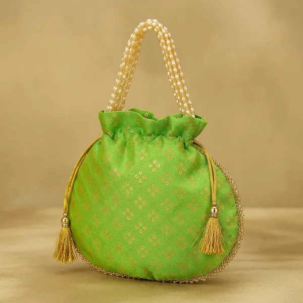Handcrafted_Silk-Blend_Potli_Bag_with_Golden_Zari_Motifs_&_Pearl_Handle-Green