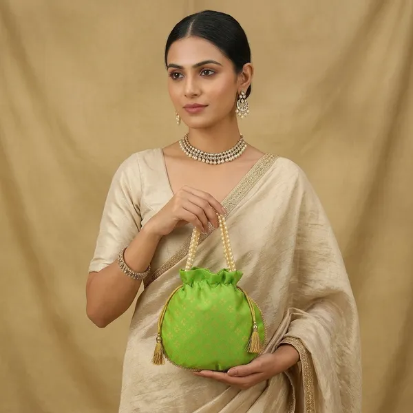 Handcrafted_Silk-Blend_Potli_Bag_with_Golden_Zari_Motifs_&_Pearl_Handle-Green