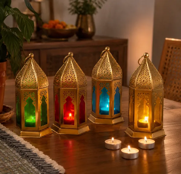Moroccan_Style_Hanging_Tea_Light_Holder_Set_of_4_–_Handcrafted_Metal_Lanterns_with_Colorful_Glass_Panels_for_Home_Decor,_Diwali_&_Festive_Decoration