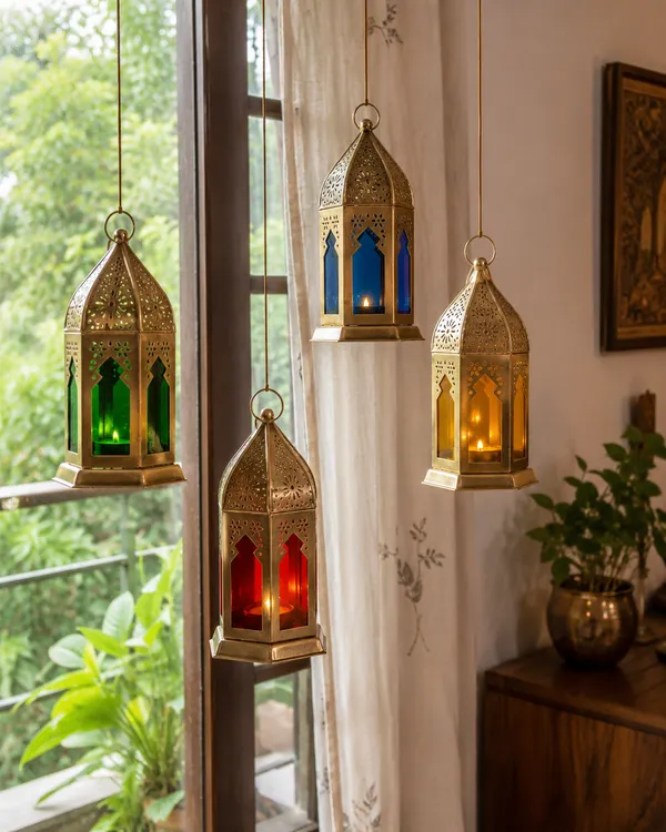 Moroccan_Style_Hanging_Tea_Light_Holder_Set_of_4_–_Handcrafted_Metal_Lanterns_with_Colorful_Glass_Panels_for_Home_Decor,_Diwali_&_Festive_Decoration