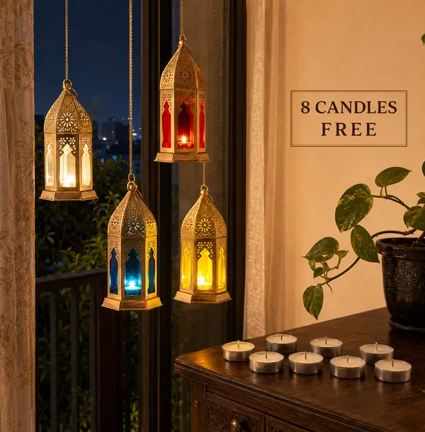 Moroccan_Style_Hanging_Tea_Light_Holder_Set_of_4_–_Handcrafted_Metal_Lanterns_with_Colorful_Glass_Panels_for_Home_Decor,_Diwali_&_Festive_Decoration