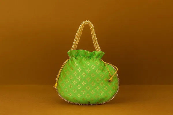 Handcrafted_Silk-Blend_Potli_Bag_with_Golden_Zari_Motifs_&_Pearl_Handle-Green