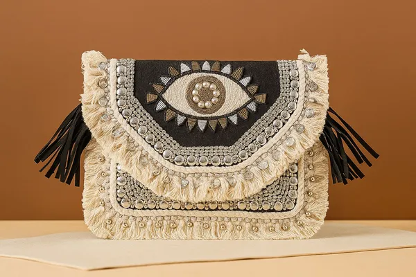 Handcrafted_Boho_Beaded_Clutch_&_Sling_Bag_-_Tribal_Coins,_Shells_&_Evil_Eye_Design-Black_And_Cream