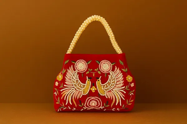 Handcrafted_Velvet_Mini_Tote_with_Pearl_Handle_-_'Twin_Peacocks'_Embroidered_Handbag-Red