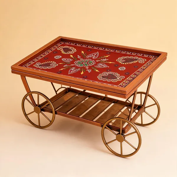 Hand_Painted_Decorative_Serving_Cart_Rajasthani_Folk_Art_Platter_On_Wheels