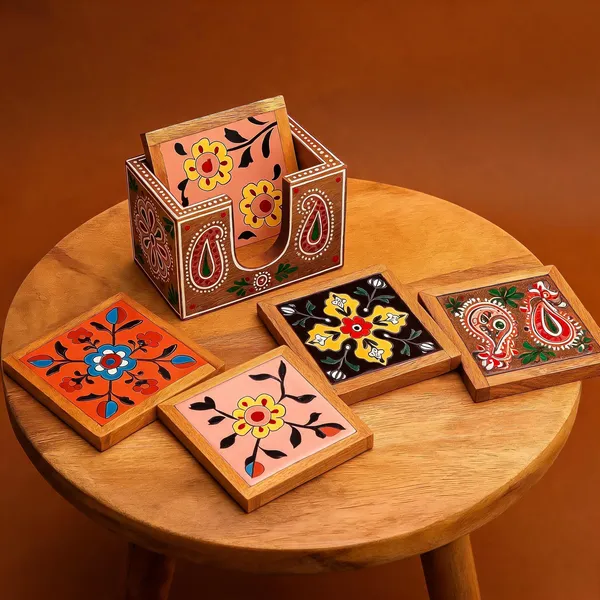 Hand_Painted_Wooden_Tea_Coaster_Set_Jaipur_Ceramic_Art_Set_Of_4_With_Holder