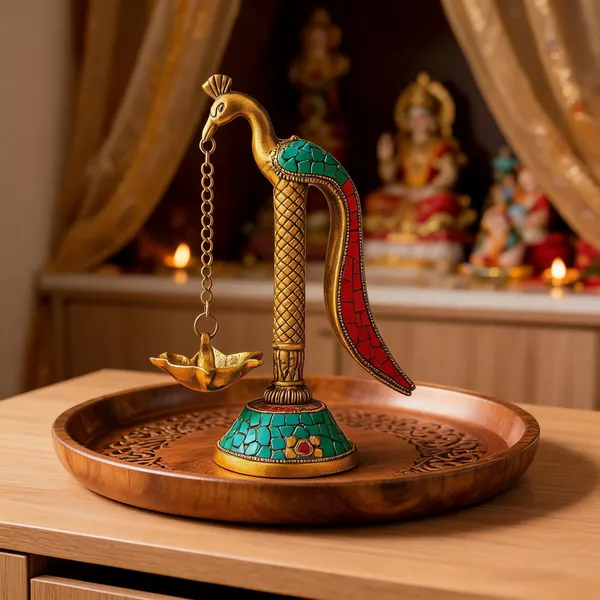 Handcrafted_Metal_Peacock_Diya_With_Mosaic_Stone_Inlay_Traditional_Indian_Oil_Lamp_For_Diwali_Home_Decor_Artisan_Metal_Work_With_Turquoise_Red_Stones