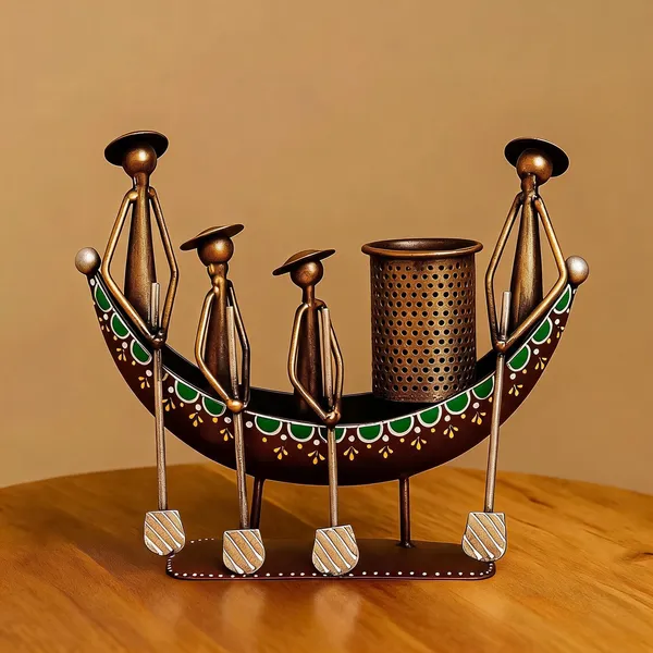 Handcrafted_Metal_Boat_Desk_Organizer_With_Tribal_Rowers_Pen_Brush_Holder_Ethnic_Tabletop_Art_For_Office_Or_Home_Decor