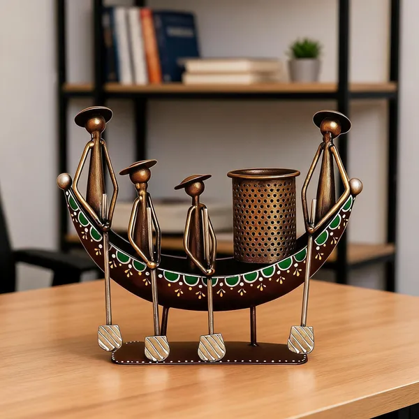Handcrafted_Metal_Boat_Desk_Organizer_With_Tribal_Rowers_Pen_Brush_Holder_Ethnic_Tabletop_Art_For_Office_Or_Home_Decor